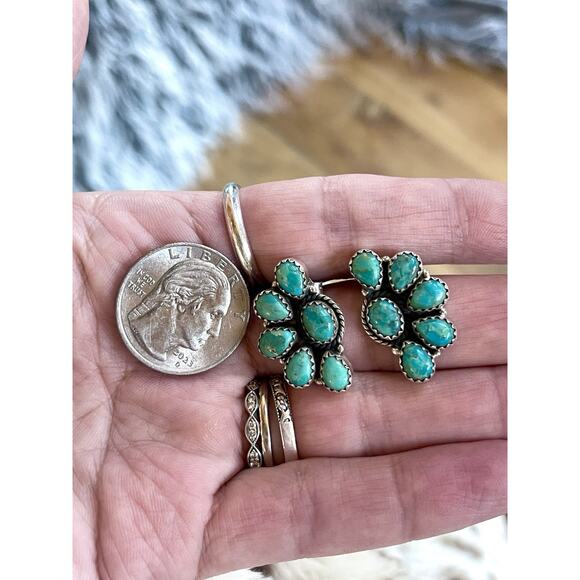 Native American Style Sterling Silver Turquoise Half Cluster Earrings Southwest - Picture 3 of 6